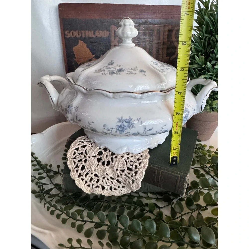 Vintage White Porcelain Soup Tureen Blue Floral Gold Trim Scalloped Lid 11in